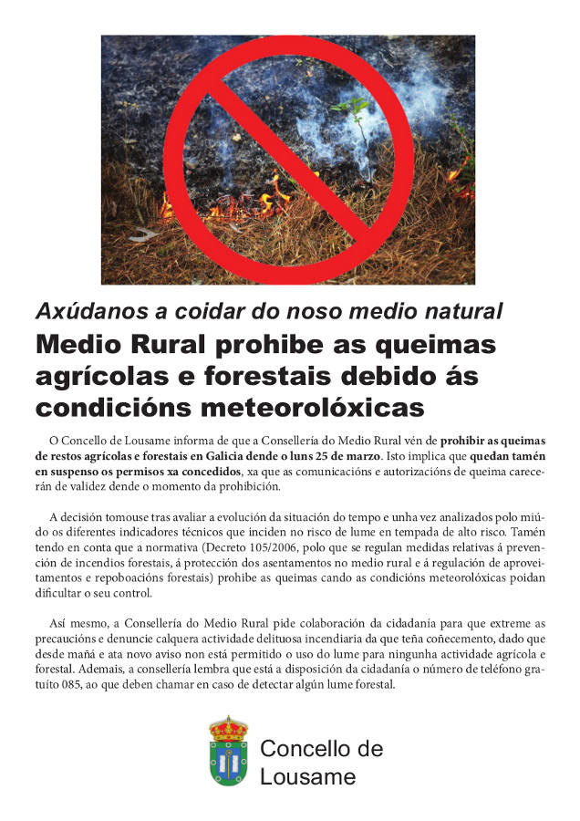 Medio Rural prohibe as queimas agrícolas e forestais debido ás condicións meteorolóxicas